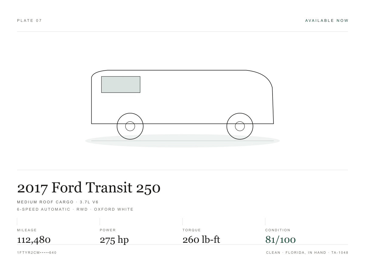 Measurement sheet for the 2017 Ford Transit 250 Medium roof cargo: power and torque peaks, recorded readings and condition scores